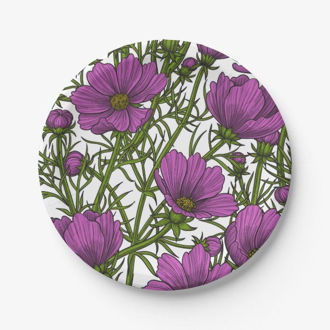 Plato De Papel Flores de cosmos violetas (Anverso)