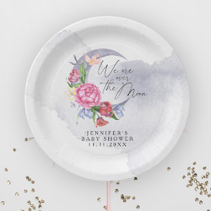 Plato De Papel Flores de cumple de bebé sobre la luna