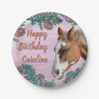 Plato De Papel Flores de cumpleaños y caballo Palomino