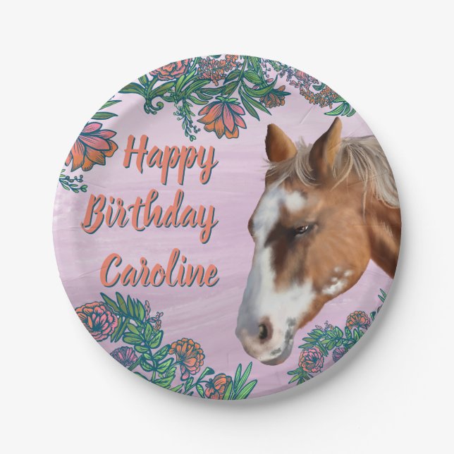 Plato De Papel Flores de cumpleaños y caballo Palomino  (Anverso)