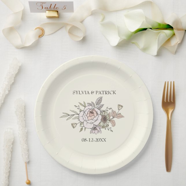 Plato De Papel Flores de dibujo boda romántico de marfil (Boda)