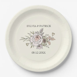Plato De Papel Flores de dibujo boda romántico de marfil