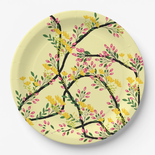 Plato De Papel Flores de Enredadera Rosadas Amarillas (Anverso)