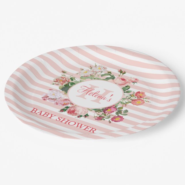Plato De Papel Flores de época Bandas rosadas Monograma Baby Show (Angular)