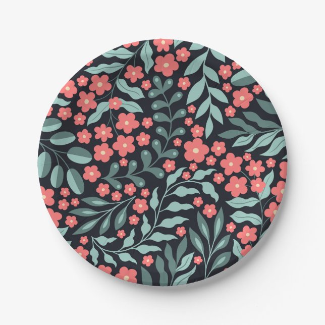 Plato De Papel Flores de estilo retro rosado florecientes al esti (Anverso)