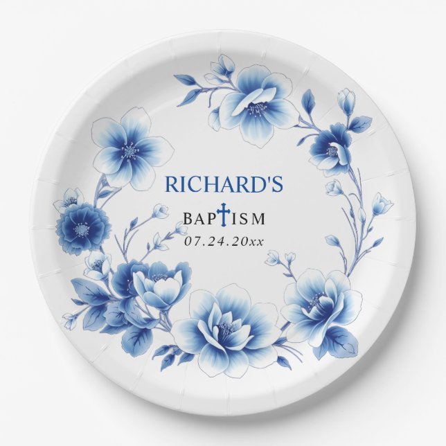 Plato De Papel Flores de flores azules Chinoiserie niño Bautismo (Anverso)