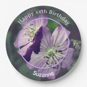 Plato De Papel Flores de geranio Felices Cumpleaños Personalizada