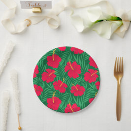 Plato De Papel Flores de Hibisco Rojas sobre Hojas Tropicales Ver
