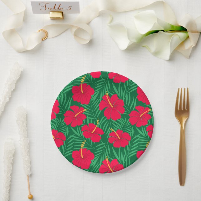Plato De Papel Flores de Hibisco Rojas sobre Hojas Tropicales Ver (Boda)
