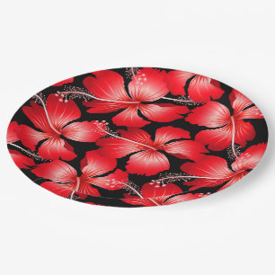 Plato De Papel Flores de hibiscos rojos