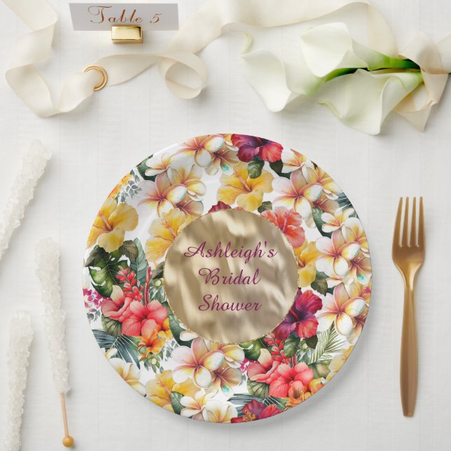 Plato De Papel Flores de hibiscus tropicales de amarillo rojo duc (Boda)