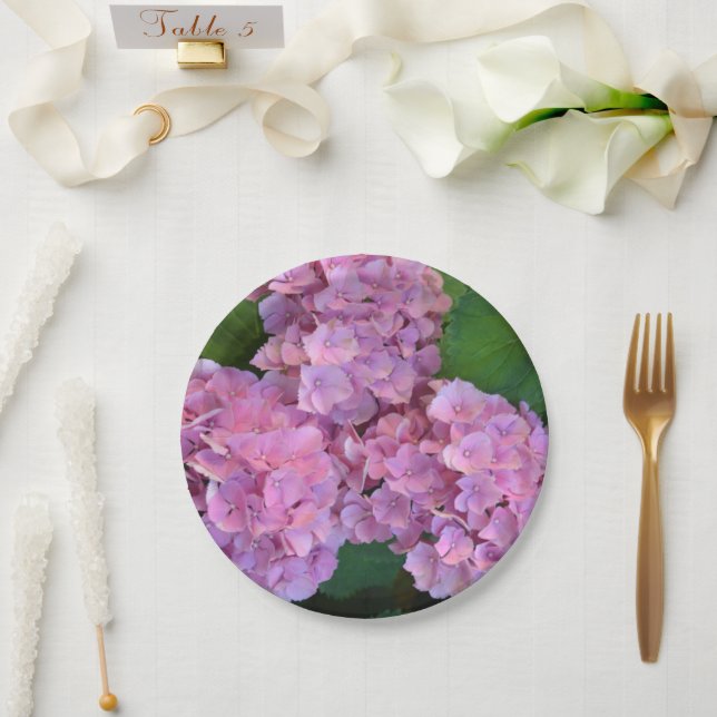Plato De Papel Flores de hortensia rosa pastel  (Boda)