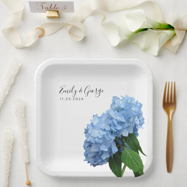 Plato De Papel Flores de Hortensias Azules Boda Personalizadas (Boda)
