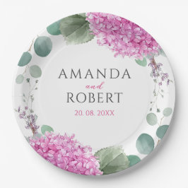 Plato De Papel Flores de Hortensias Rosadas Boda Acuarela Elegant