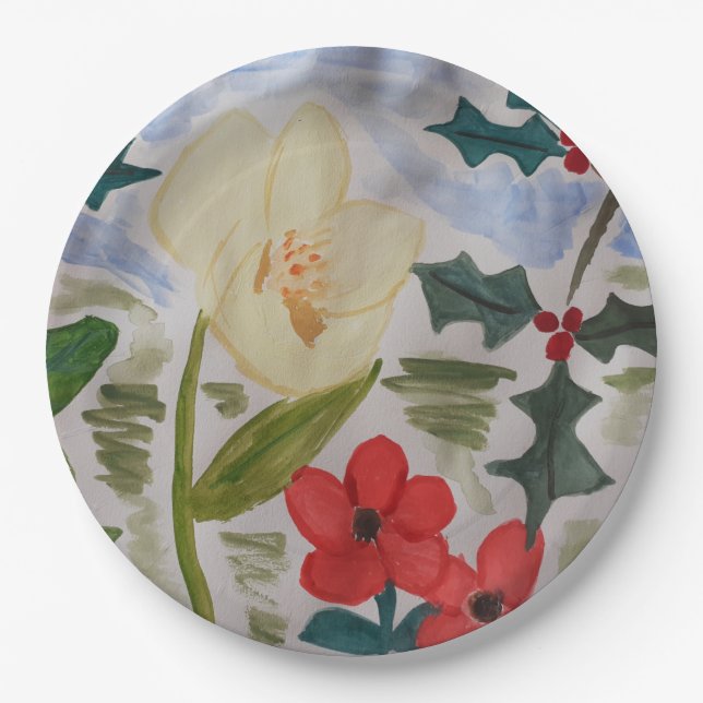 Plato De Papel Flores de invierno y Holly (Anverso)