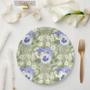 Plato De Papel Flores de jardín de primavera sobre salvia