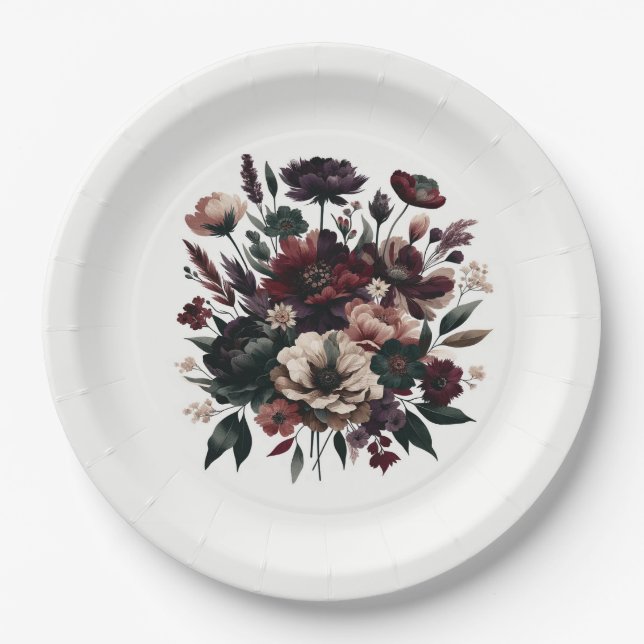 Plato De Papel Flores de Jardín Rústico Malhumorado Boda Bohemian (Anverso)