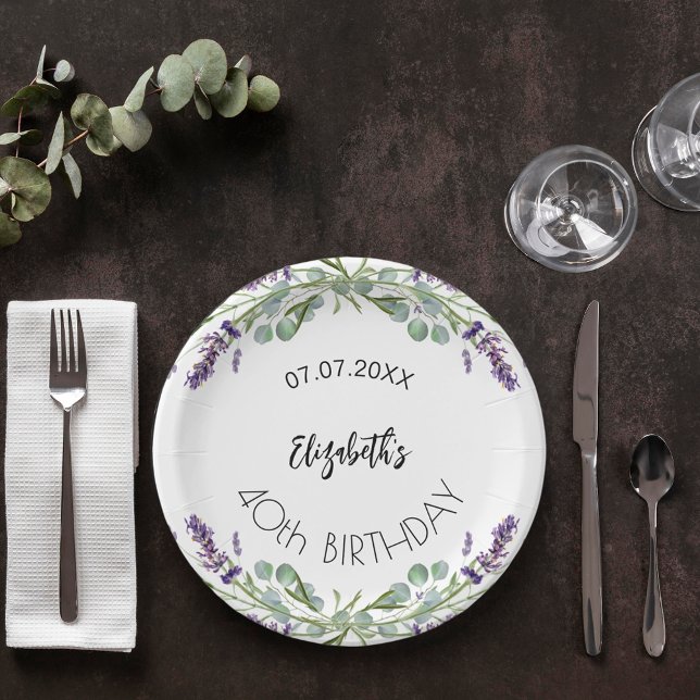 Plato De Papel Flores de lavanda de cumpleaños eucalipto verde (Subido por el creador)