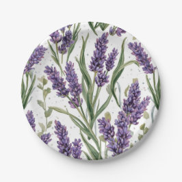 Plato De Papel Flores de lavanda púrpura Botánica acuarela