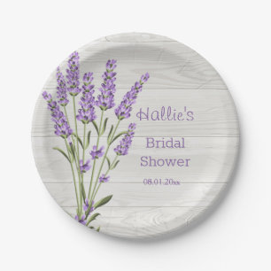 Plato De Papel Flores de lavanda púrpura en madera Ducha de novia