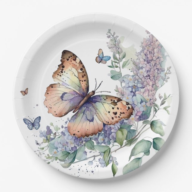 Plato De Papel Flores de lila romántica y mariposa (Anverso)