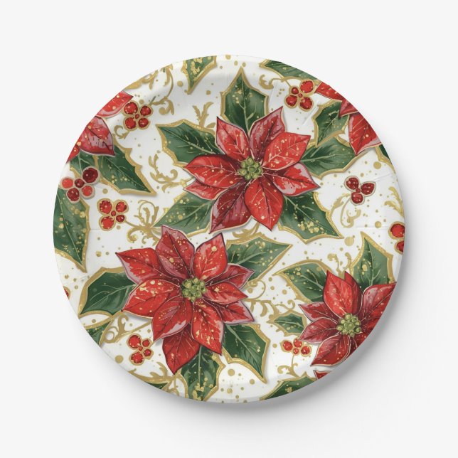 Plato De Papel Flores de los Navidades de Poinsettia Roja (Anverso)