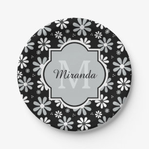 Plato De Papel Flores de margarita blanca de monograma negro con 