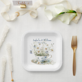 Plato De Papel Flores de margarita y denim azules y personalizada