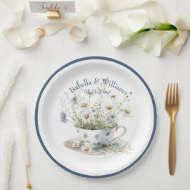 Plato De Papel Flores de margarita y denim azules y personalizada