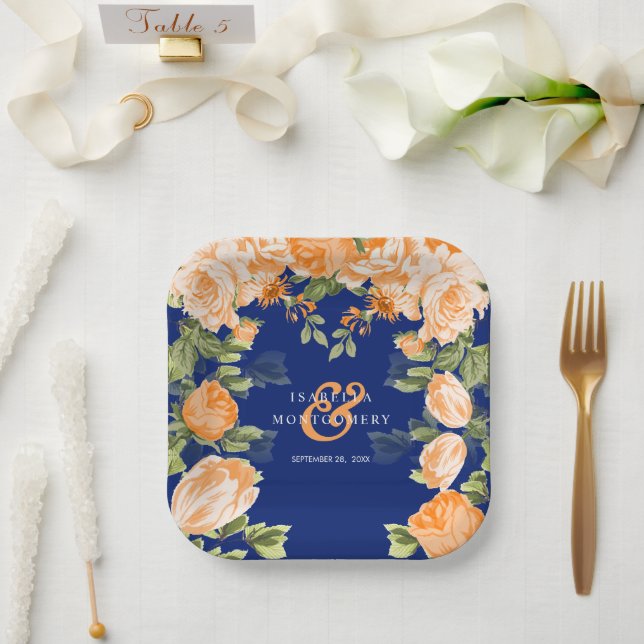 Plato De Papel Flores de Naranja naval y botánica (Boda)