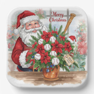 Plato De Papel Flores de Navidades de béisbol con Santa Claus