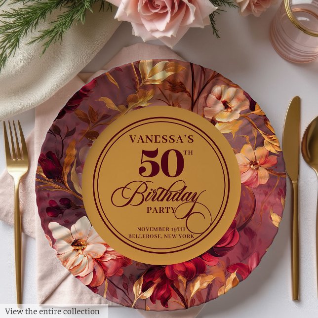 Plato De Papel Flores de oro rusticas Merlot Rubor 50 cumpleaños (Rustic Merlot Blush Gold Flowers 50th Birthday Paper Plates )