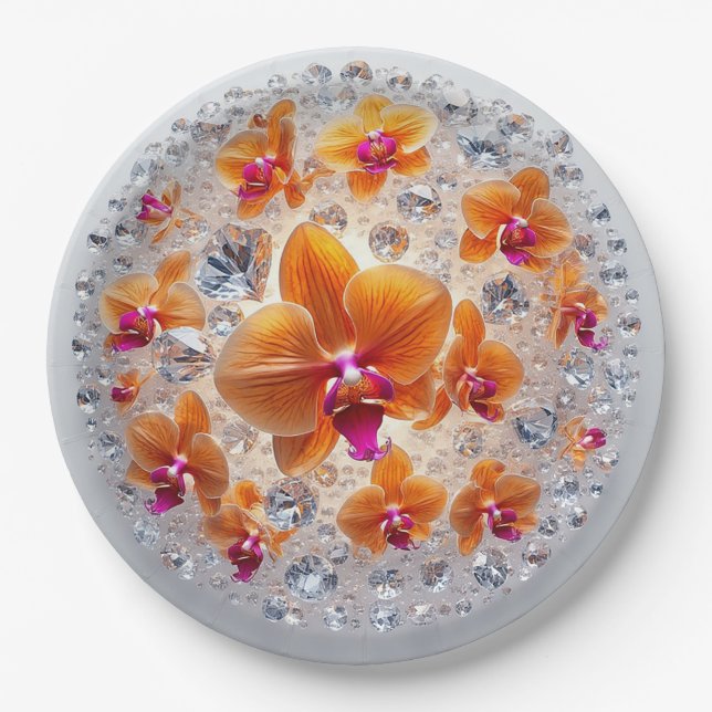Plato De Papel Flores de orquídea incrustadas en cristales (Anverso)
