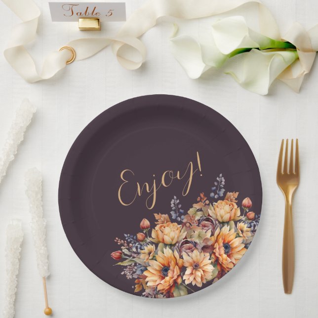 Plato De Papel Flores de otoño acuáticas-Puprle-Enjoy- (Boda)