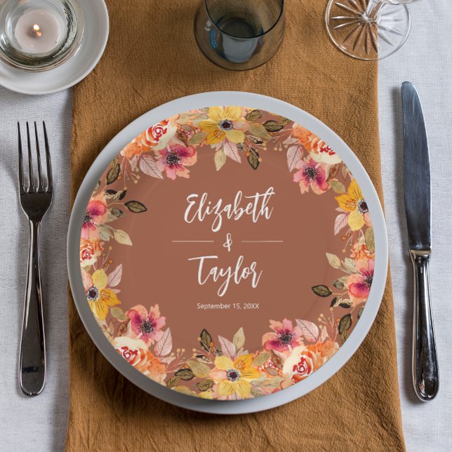 Plato De Papel Flores de Otoño Bridal Shower Terracota (Autumn Flowers Wedding Bridal Shower Terracotta Paper Plates)