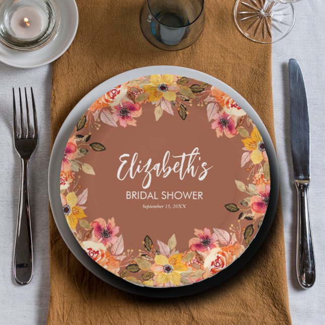 Plato De Papel Flores de Otoño Bridal Shower Terracota (Autumn Flowers Bridal Shower Terracotta Paper Plates)