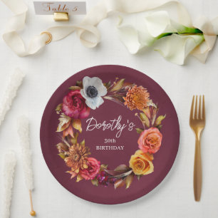 Plato De Papel Flores de Otoño Burgundy Tonos Terrosos Cumpleaños