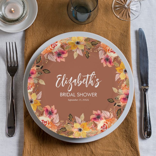 Plato De Papel Flores de otoño ducha de novia terracota (Autumn Flowers Bridal Shower Terracotta Paper Plates)