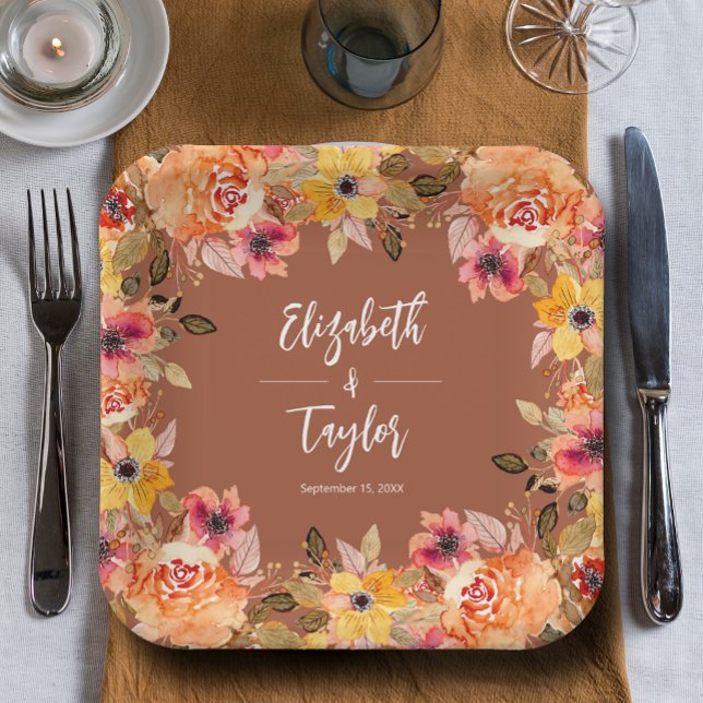 Plato De Papel Flores de otoño ducha de novia terracota (Autumn Flowers Wedding Shower Terracotta Square Paper Plates)