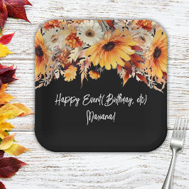 Plato De Papel Flores de Otoño en Fiesta Negra