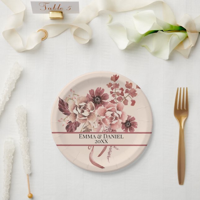 Plato De Papel Flores de Otoño Rústicas en Beige Claro Acuarela (Boda)