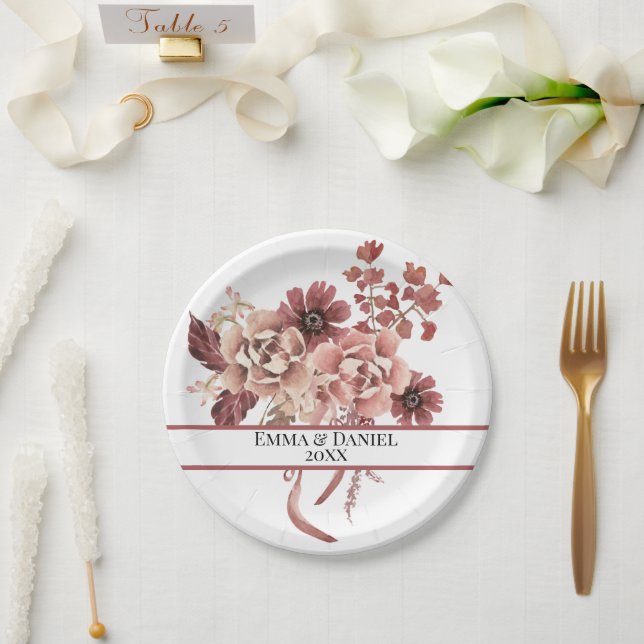 Plato De Papel Flores de Otoño Rústicas sobre Fondo Blanco Acuare (Boda)