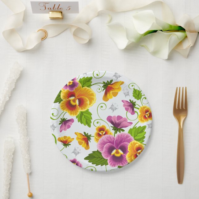 Plato De Papel Flores de pansy vívidas (Boda)