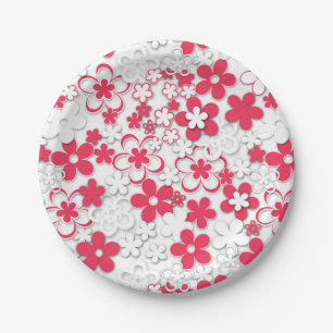 Plato De Papel Flores de papel rojo y blanco