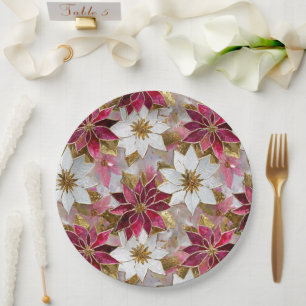 Plato De Papel Flores de Pascua Burgundy Rosa Oro Blanco Navidad