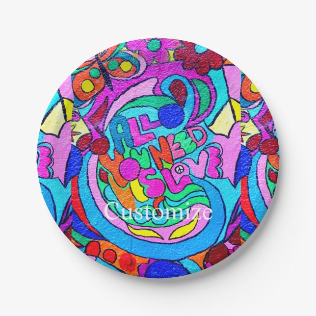 Plato De Papel Flores de paz al estilo hippie de Groovy 70 (Anverso)