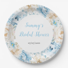 Plato De Papel Flores de peones azules y blancos ducha de novias