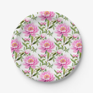 Plato De Papel Flores de peones rosados con hojas verdes sabrosas