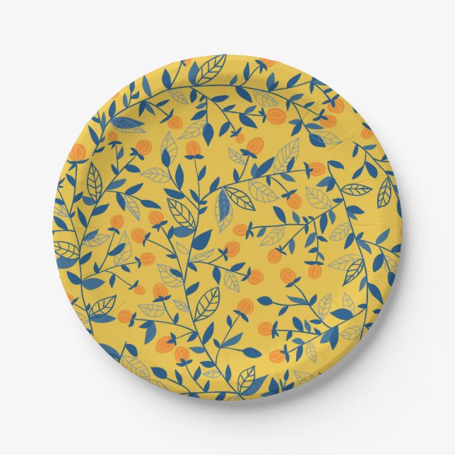 Plato De Papel Flores de perro en azul y amarillo (Anverso)