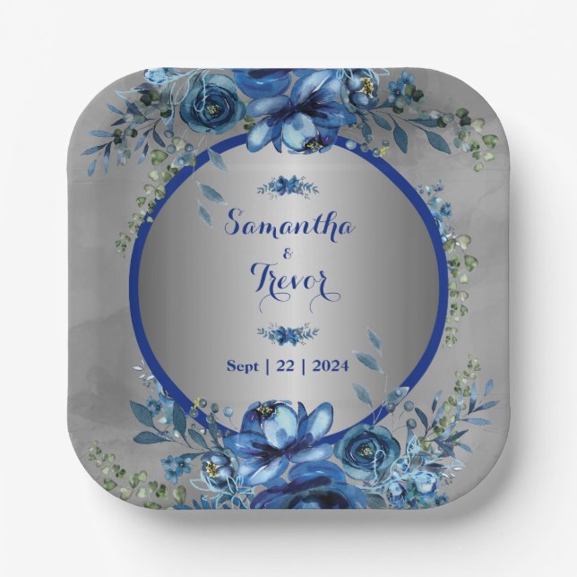 Plato De Papel Flores de plata Boda elegante (Anverso)